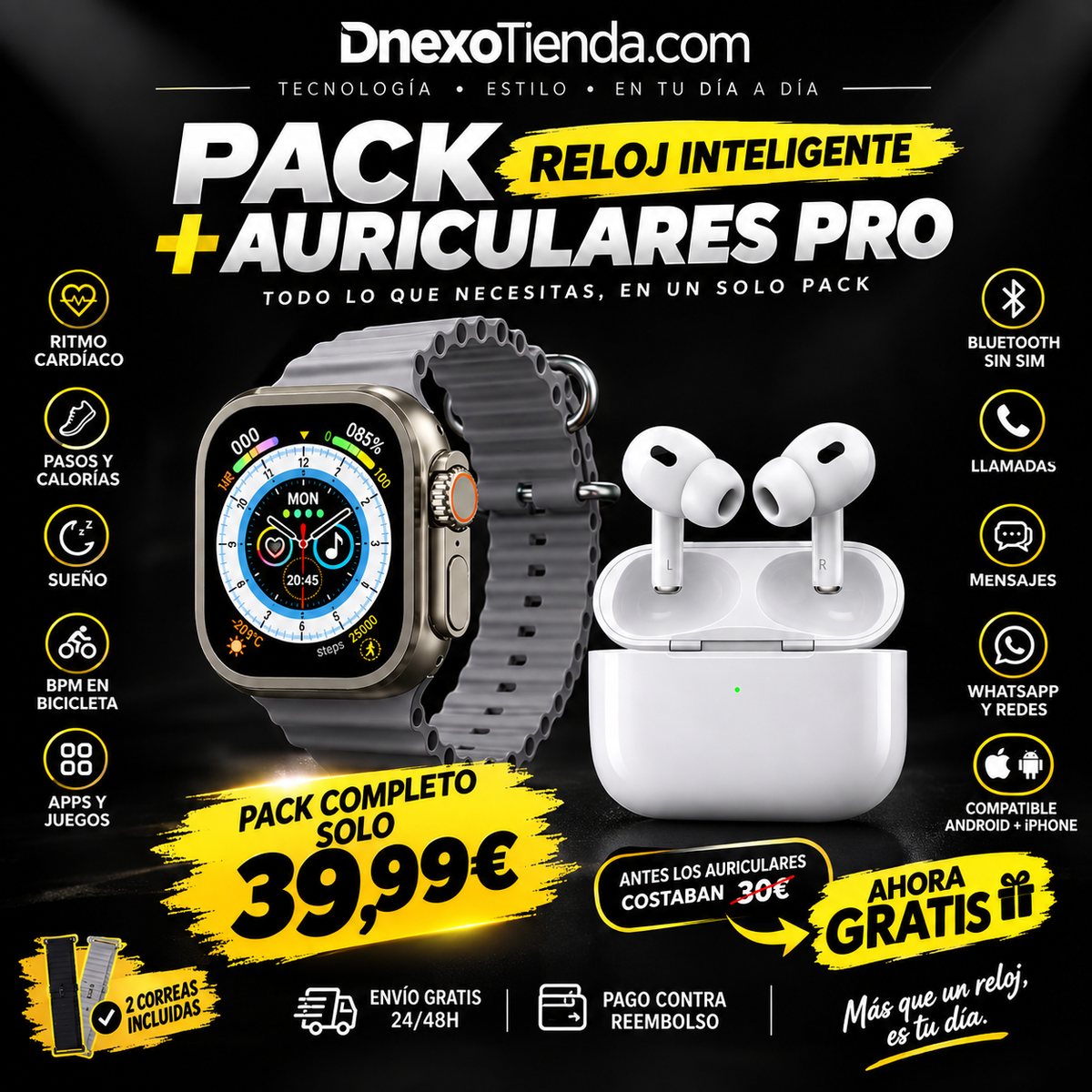 Smartwatch Ultra 2 Gris +1 Correa +1 Auriculares Inalámbricos 2ª Generación De Regalo